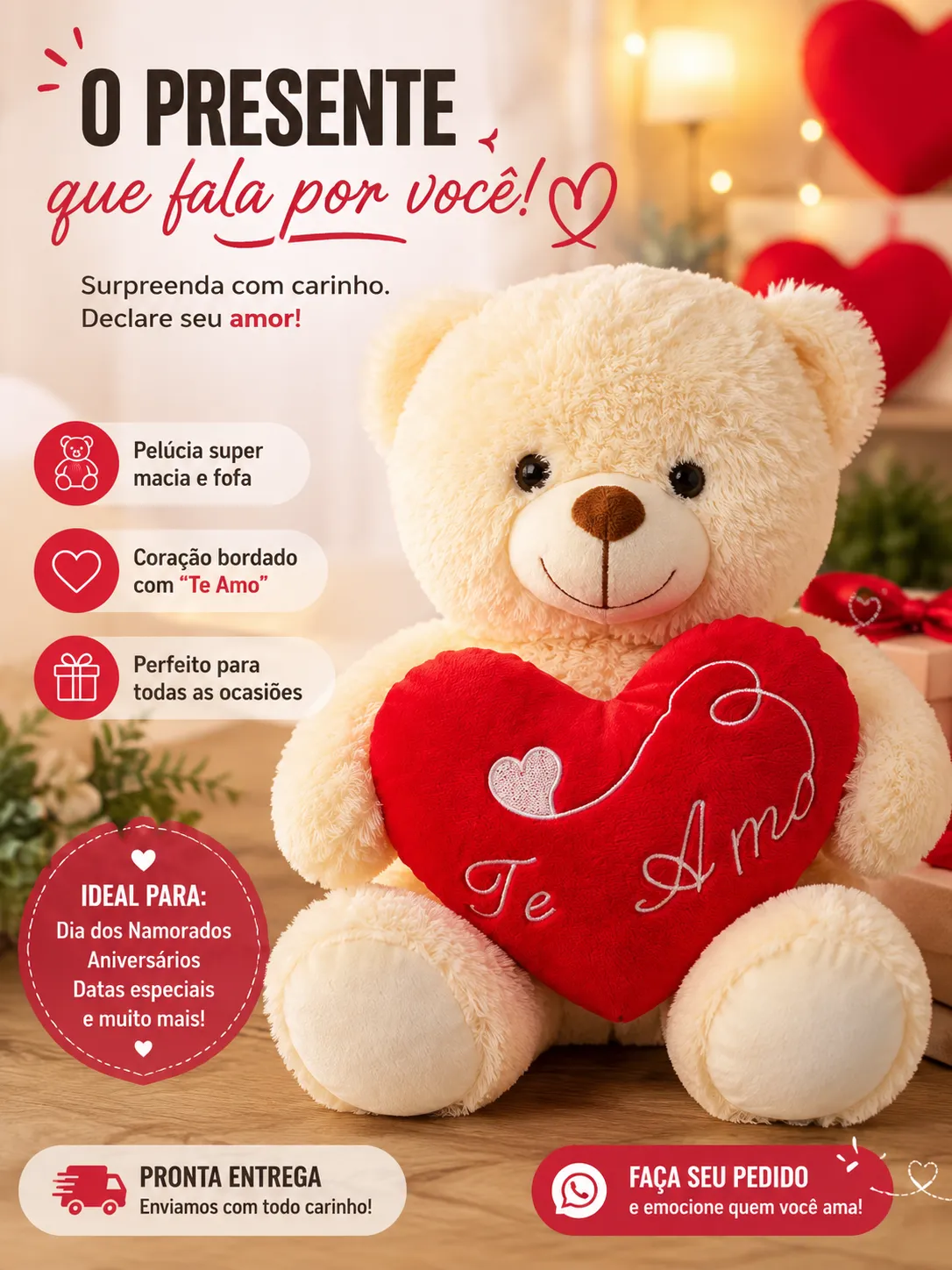Pelúcia Urso Coração Vermelho