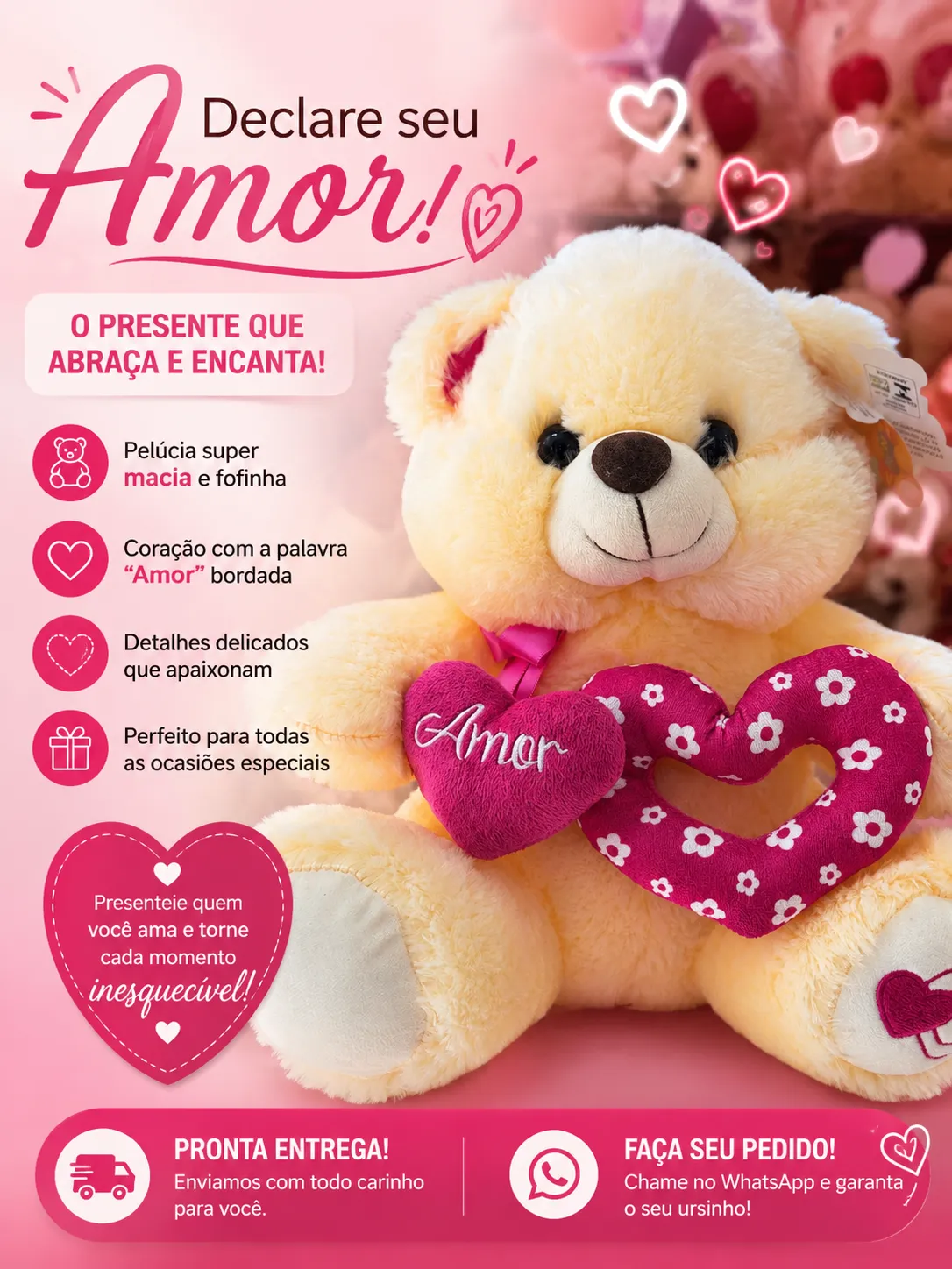 Pelucia Urso Coração Rosa